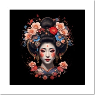 Geisha Portrait with Fall Flowers Posters and Art